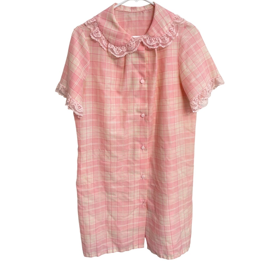 Vintage 60s Pink Plaid House Dress Housecoat Lace Collar Cottagecore Size M